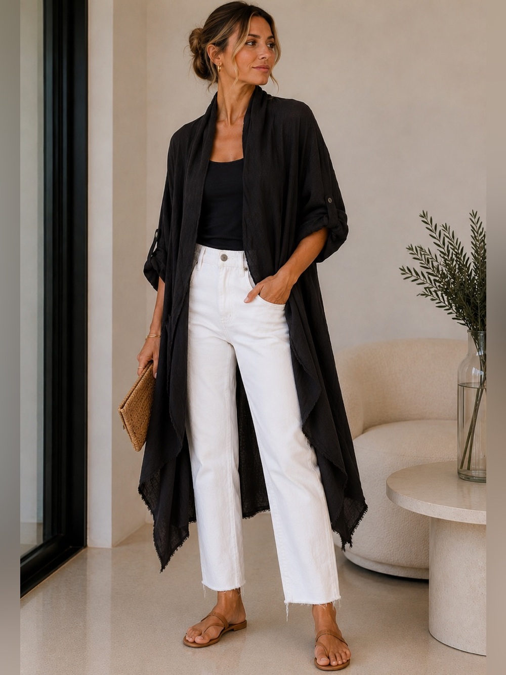 100% Pure Black Linen Draped Open-Front Cape Jacket